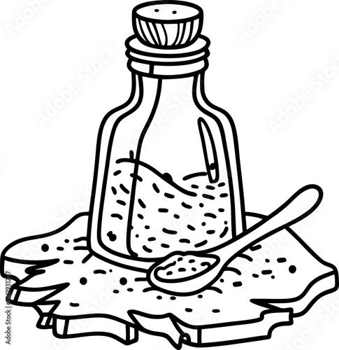 salt shaker with wooden cork and spoon on wooden surface seasoning, spice and kitchen cooking utensil concept