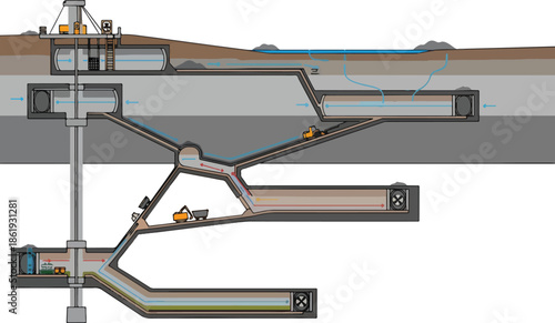 Crosssection diagram of an underground mine showing ventilation and transport systems