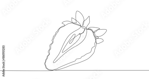 A strawberry cut vertically in half, showing its internal structure. Leaves remained on top. Drawing in one line art style with editable black stroke on a white background. Vector illustration.