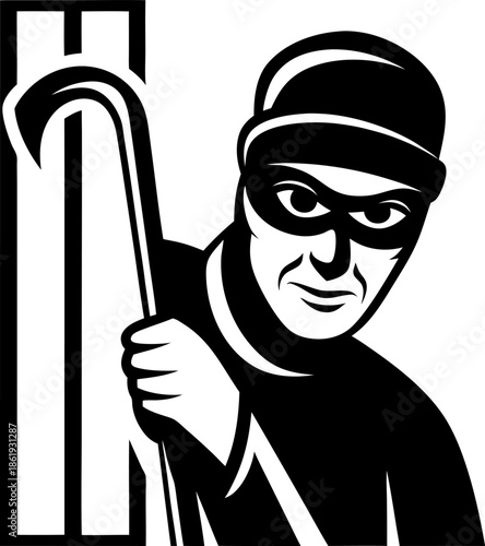 Intruder with crowbar breaking into building, criminal burglar wearing mask and hat