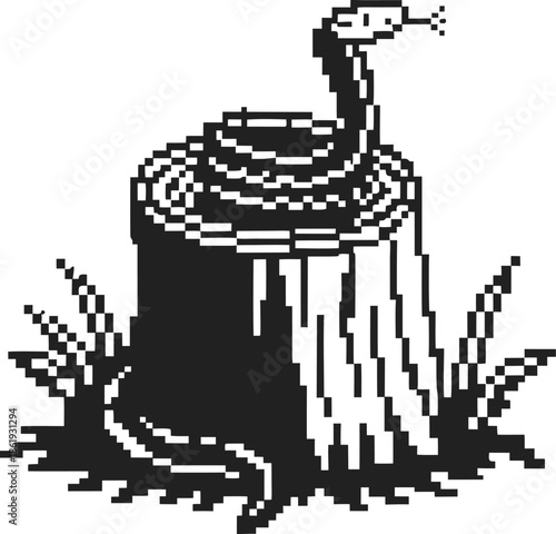 Pixel art black snake coiled on tree stump with grass in retro video game