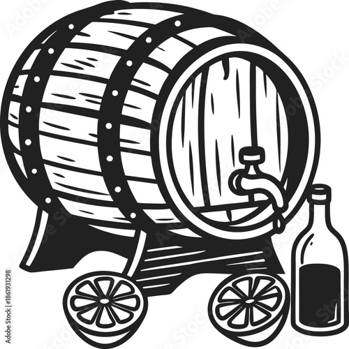Wooden barrel with tap and bottle on wheels, vintage beverage container illustration
