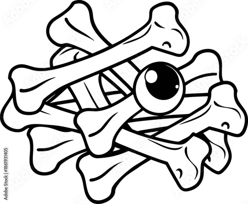 Pile of bones with eyeball, halloween spooky illustration, black and white sketch of skeleton parts