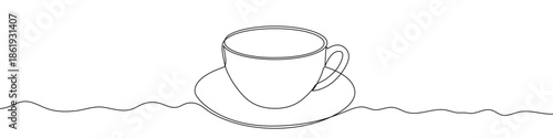 A classic cup for coffee or tea on a saucer with a handle. A symbol of a hot drink, cafe, or break. Drawing in one line art style with editable black stroke on a white background. Vector illustration.