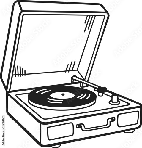 classic portable turntable with open lid playing vinyl record, retro music and vintage sound concept