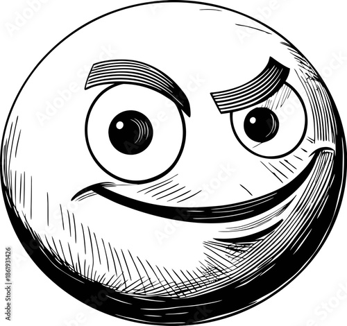 Confident smirking face emoticon with raised eyebrow, playful expression in hand drawn sketch