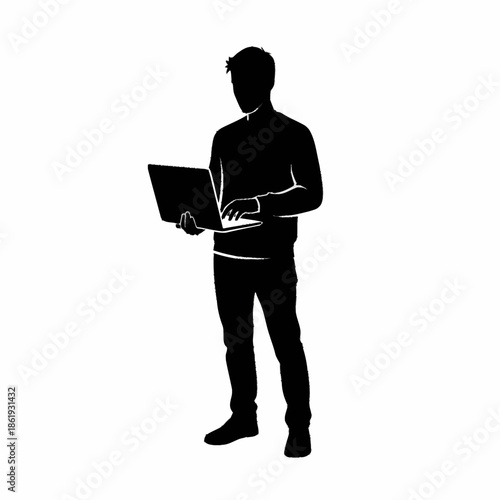 Man Silhouette Using Laptop Computer.