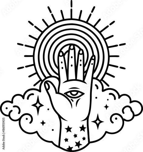 Mystical hand with third eye, stars, and clouds under radiant sunburst, spiritual and esoteric symbolism
