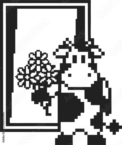 Pixel art cow holding a bouquet of flowers standing by a window in black and white