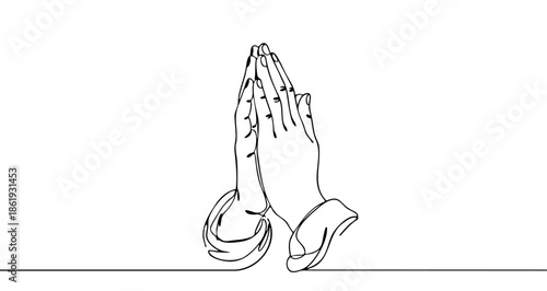 Two hands folded together palm to palm in the traditional gesture of prayer or supplication. A symbol of faith, hope, or gratitude. Drawing in one line art style with editable black stroke. Vector ill