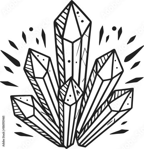 Cluster of elongated clear crystals with geometric facets and sharp points, surrounded by decorative abstract shapes