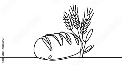 A bread loaf or baton next to several wheat ears. Drawing in one line art style with editable black stroke on a white background. Vector illustration.