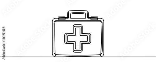 A rectangular first aid kit case or brief case with a handle and a clear cross symbol on the front. A symbol of medicine and emergency aid. Drawing in one line art style with editable black stroke. Ve