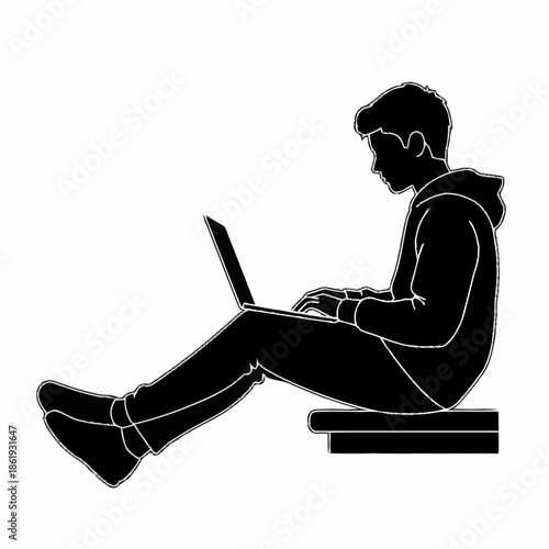 Man Sitting with Laptop on Floor.