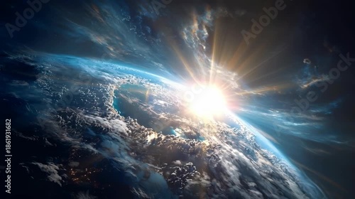 A captivating view of Earth from space, with the sun's radiant glow illuminating the horizon