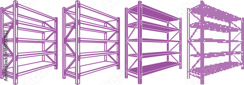 Four purple shelving units with different designs and one made of dots on white background