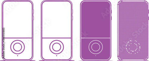 Four purple smartphone designs with different screen styles on white background
