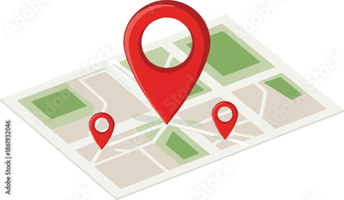 Isometric vector illustration of a city map with three red location pin markers. This clean graphic represents navigation, GPS tracking, and destination finding.