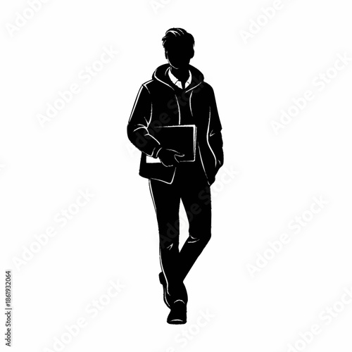 Silhouette of a man walking with laptop.