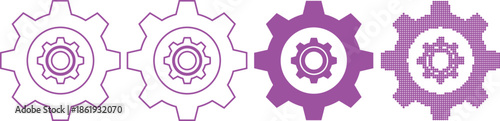 Purple gear icons in different styles on white background for settings and configuration