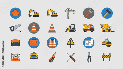 Construction Icons Set with Various Tools Equipment.