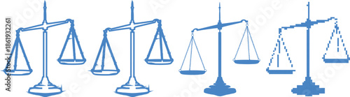 Various blue scales of justice icons in different styles and designs on white background