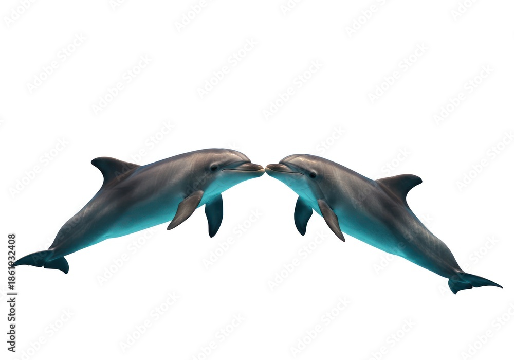 Obraz premium Two Dolphins Swimming Close Together in Clear Water with Bright Lighting