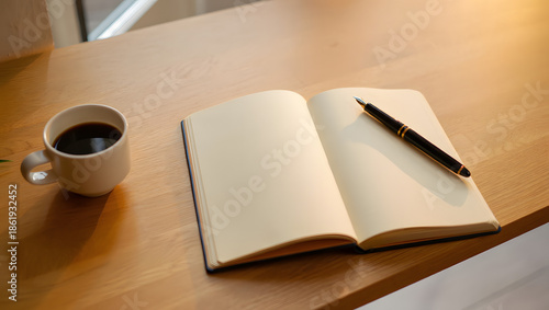 An open blank notebook with a pen rests on a wooden office table next to a cup of coffee and a vintage book for business study