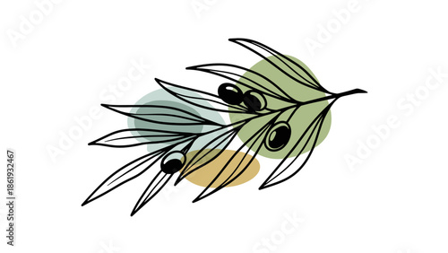 Olive branch illustration with leaves and olives on pastel background
