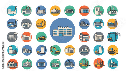 Collection of Various Industrial Building Icons.