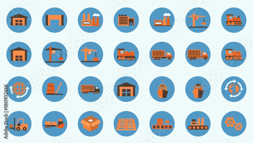 Collection of Industrial Icons in Blue Circles.