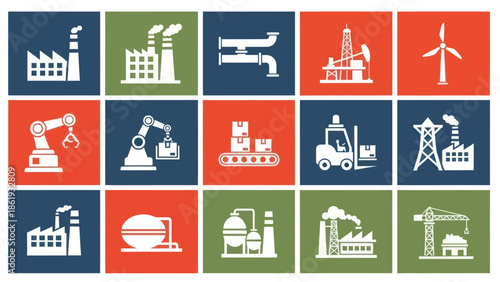 Industrial Icons Representing Various Sectors and Machinery.