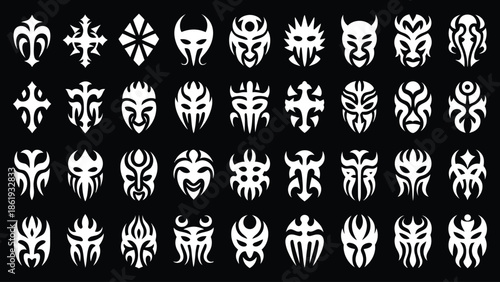 Collection of tribal mask designs and abstract tribal symbols