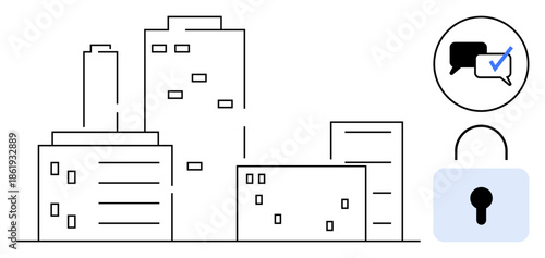 Line art buildings paired with a speech bubble and padlock icons emphasizing communication, security, technology, and urban concepts. Ideal for privacy, data sharing, secure networks, urban planning