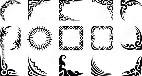 Collection of tribal tattoo design elements and shapes .