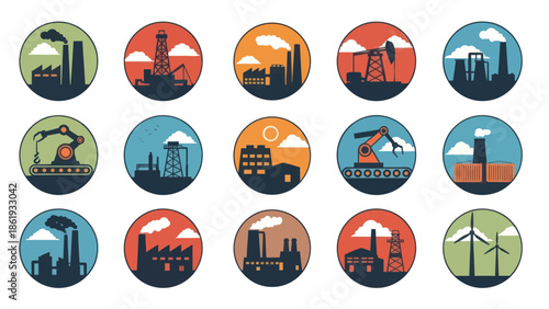 Industrial Icons Featuring Factories and Turbines.
