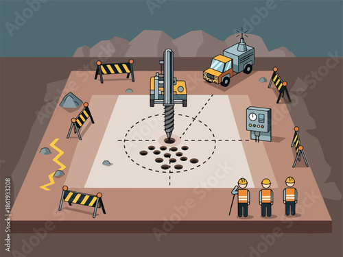 Illustration of geotechnical drilling site with crew and equipment