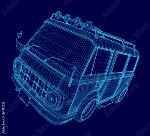 A 3D wireframe model of a minibus blueprint on a solid blue background, showcasing detailed vehicle structure and design features.