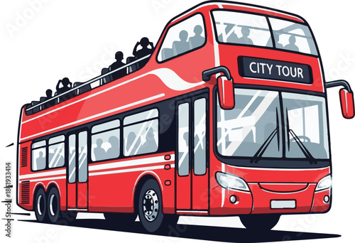 Dynamic red double-decker "City Tour" bus vector. This detailed illustration features passengers on an open-top deck, perfect for travel, urban sightseeing, and tourism marketing.