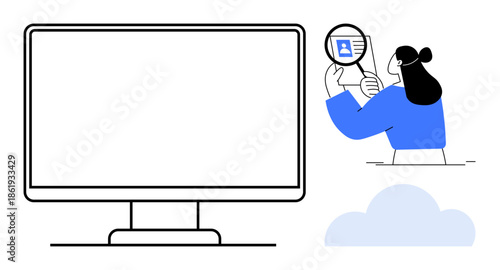 Identity verification. A person examines a digital ID through a magnifying glass next to a monitor, identity verification and security. For cybersecurity, tech platforms, and cloud services