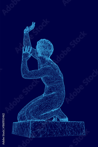 A 3D wireframe statue of a man, Ilioneus, kneeling in a plea for mercy with his hands raised against a solid blue background.