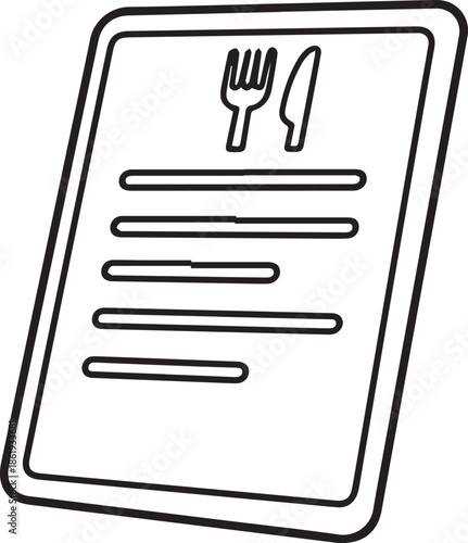 Description
Minimalist black and white line art vector of a restaurant menu or digital tablet featuring a fork and knife icon, perfect for dining, food service, and culinary app designs.