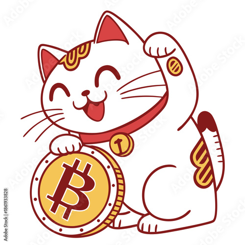 Modern Lucky Cat with Digital Coin — Fintech Lunar New Year Vector Illustration in Minimal Asian Style