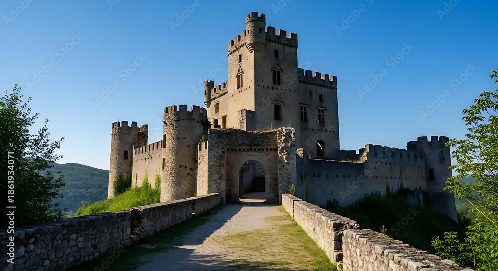 Obraz premium A medieval castle stands majestically against a clear blue sky with a stone pathway leading to its entrance.