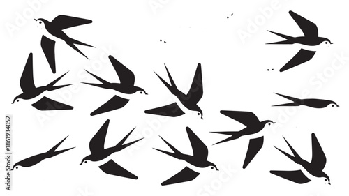 Flying swallow birds silhouette for nature design and spring concept flat vector set