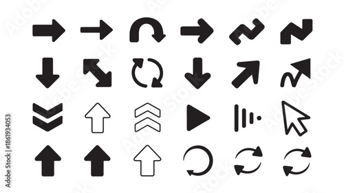 Navigation and direction arrows with refresh, play and cursor symbols for web ui flat vector icon set