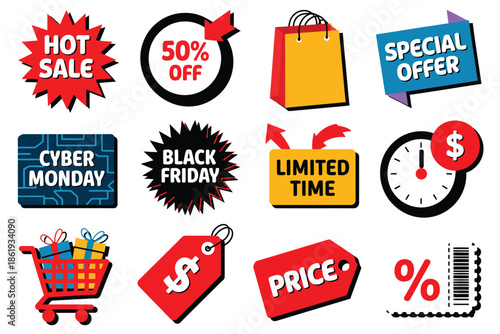 Collection of colorful shopping sale icons and labels for promotions and discounts