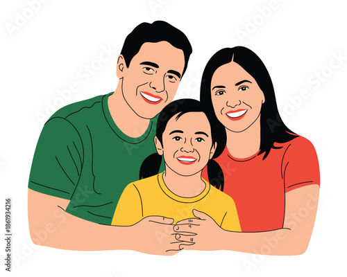 A happy family of three, parents embracing their young daughter with love and smiles.