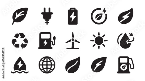 Energy and environment icons for sustainability and eco friendly ui design flat glyph vector set