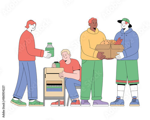 Diverse volunteers collaborating to distribute food and supplies to those in need.